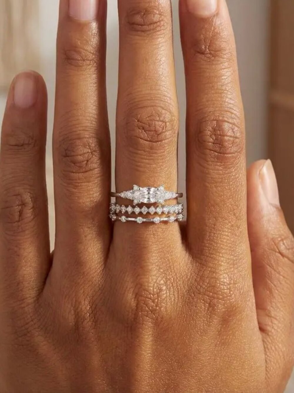 NEW 18k White Gold Diamond Ring Set of 3 Rings Gold Dainty Stackable Ring Band